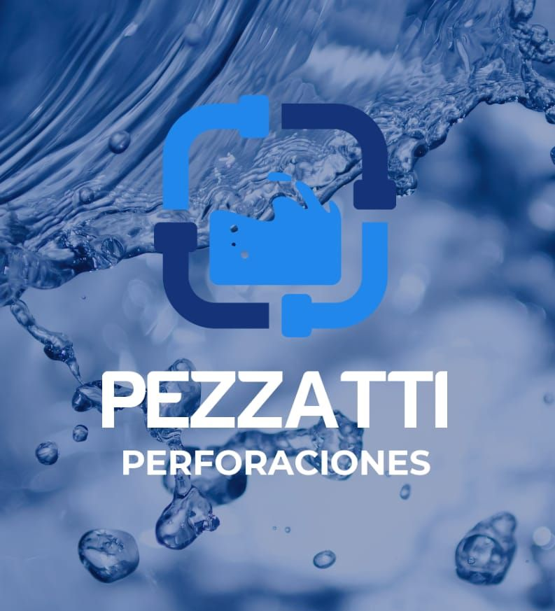 Un logotipo con el texto "PEZZATTI PERFORACIONES" centrado sobre un fondo azul con salpicaduras de agua.