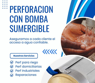 Un folleto promocional de servicios de perforación de pozos, que muestra manos recogiendo agua corriente y una bomba sumergida, con el texto correspondiente.