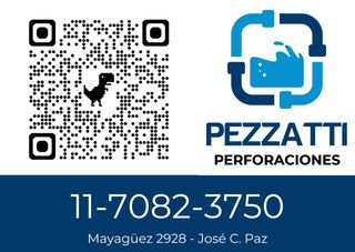 Tarjeta de presentación de Pezzatti Perforaciones con código QR, logotipo de la empresa, número de teléfono 11-7082-3750 y dirección.