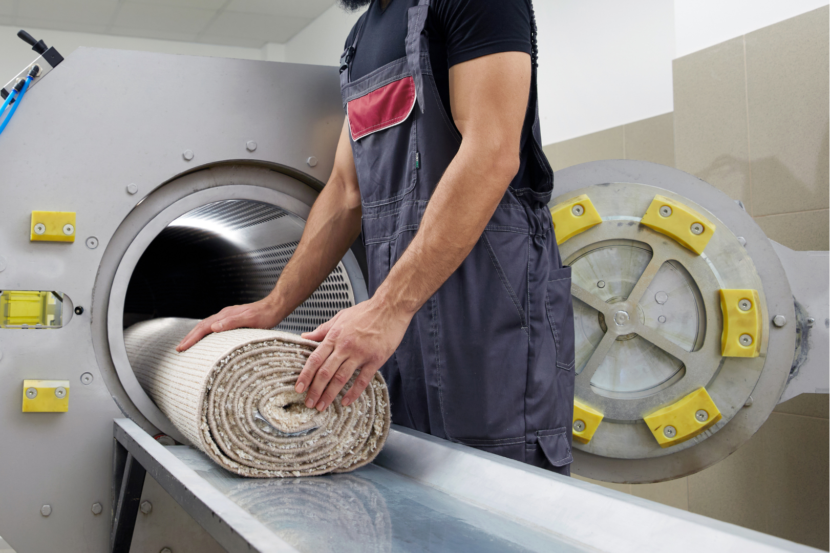 A man is holding a roll of carpet in front of a machine.