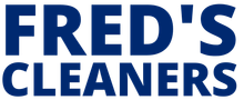 The logo for fred 's cleaners is blue and white on a white background.