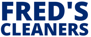 The logo for fred 's cleaners is blue and white on a white background.