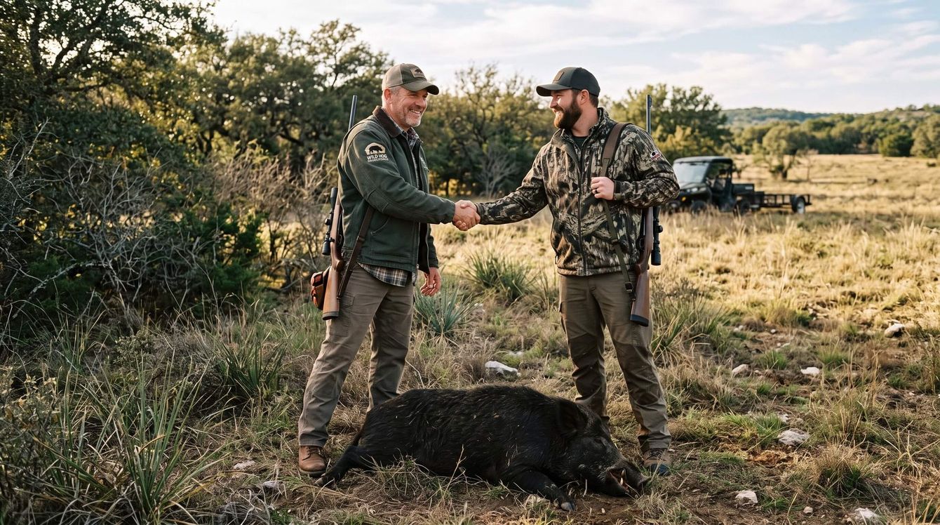 Riflemen shaking hands with a dead hog laying on the ground