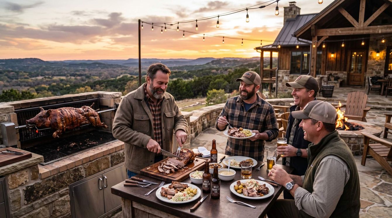 Riflemen enjoying their meal at a cook out at their upscale lodge