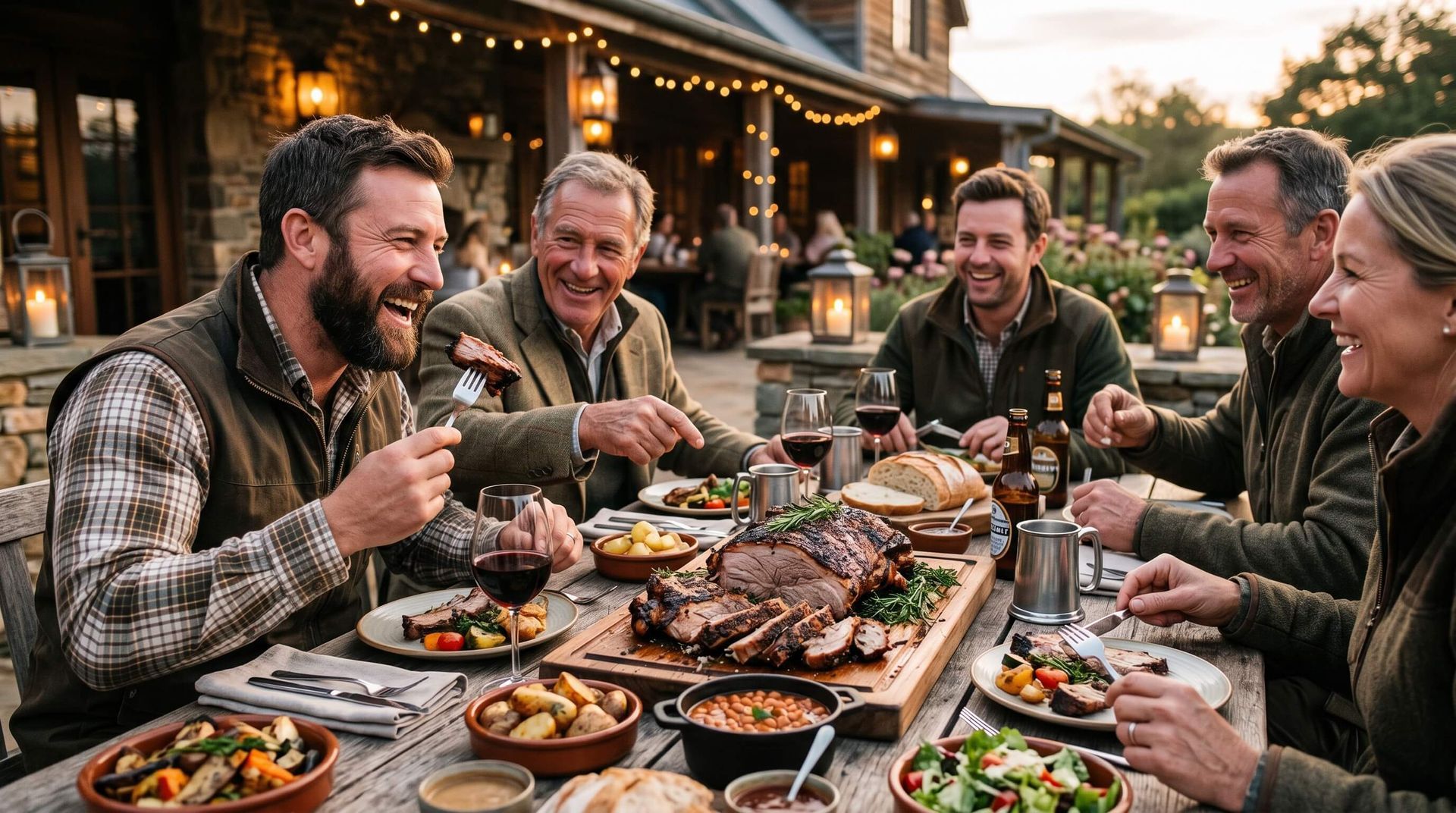 Group of hunters enjoying a meal at their lodge