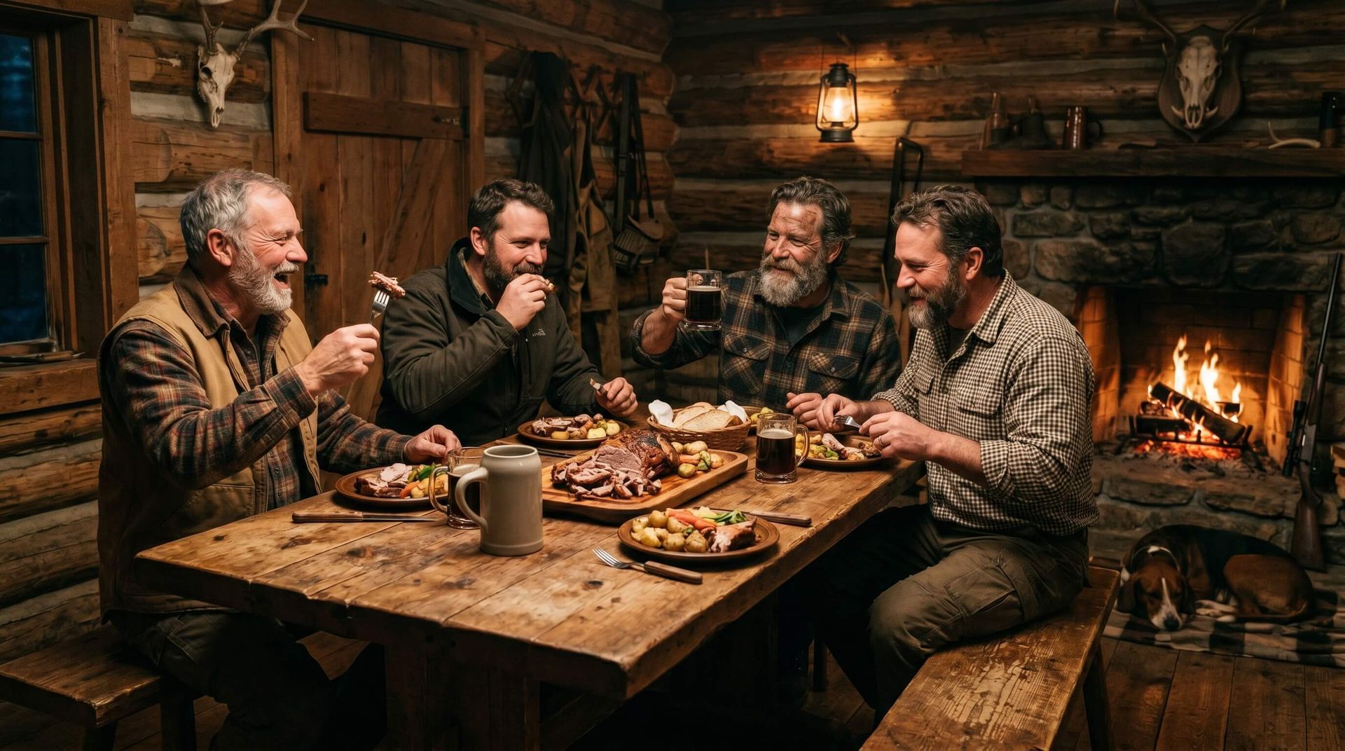 Group of riflemen enjoying dinner inside a log cabin