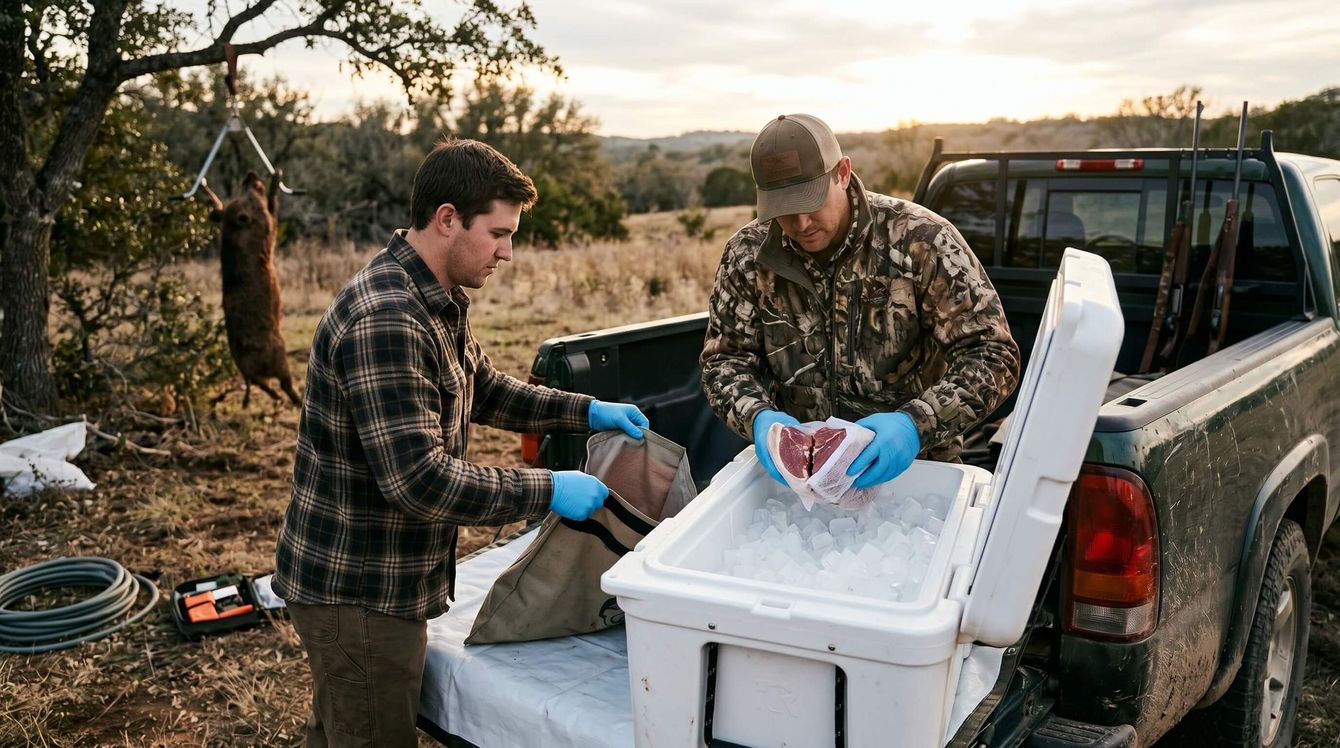 Riflemen packing meat from a hog they killed into a cooler