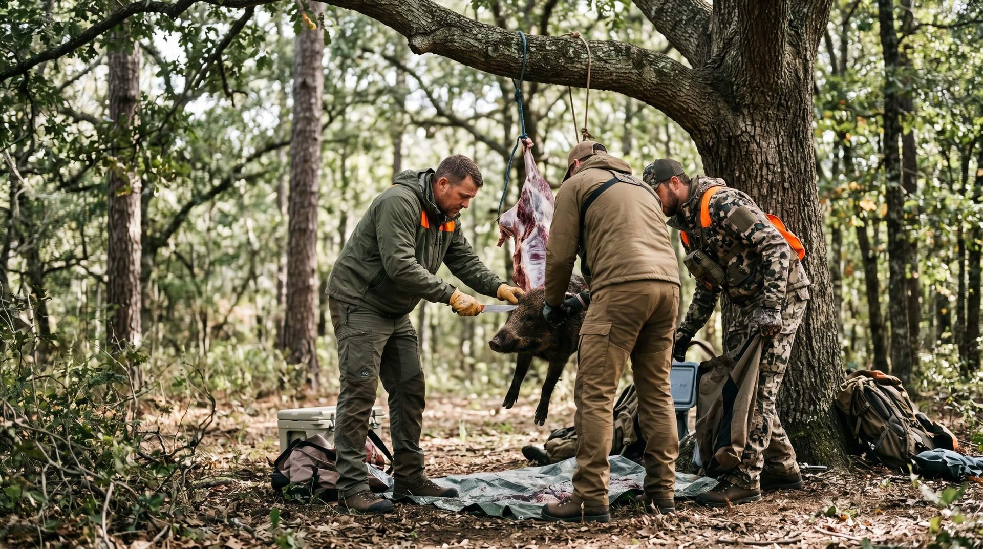 Group of riflemen gutting a dead hog hanging from a tree