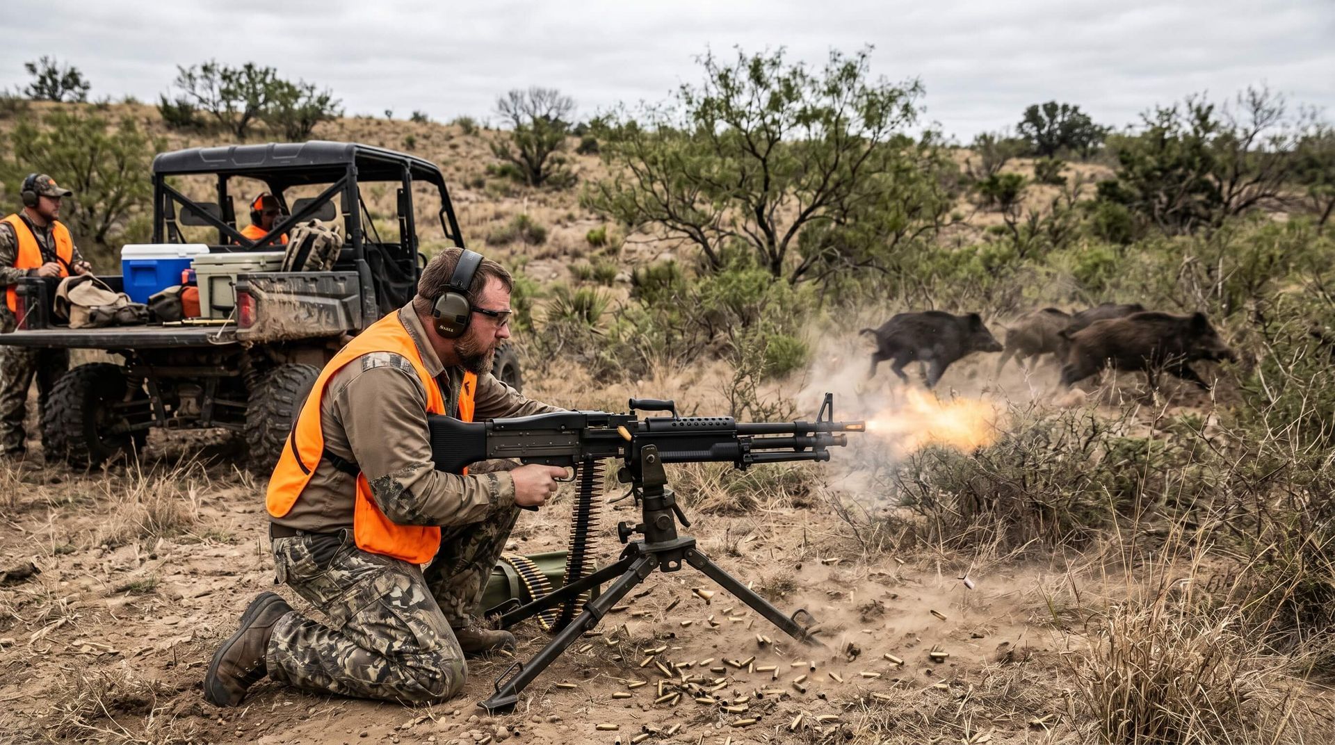 A rifleman shooting a machine gun at running hogs