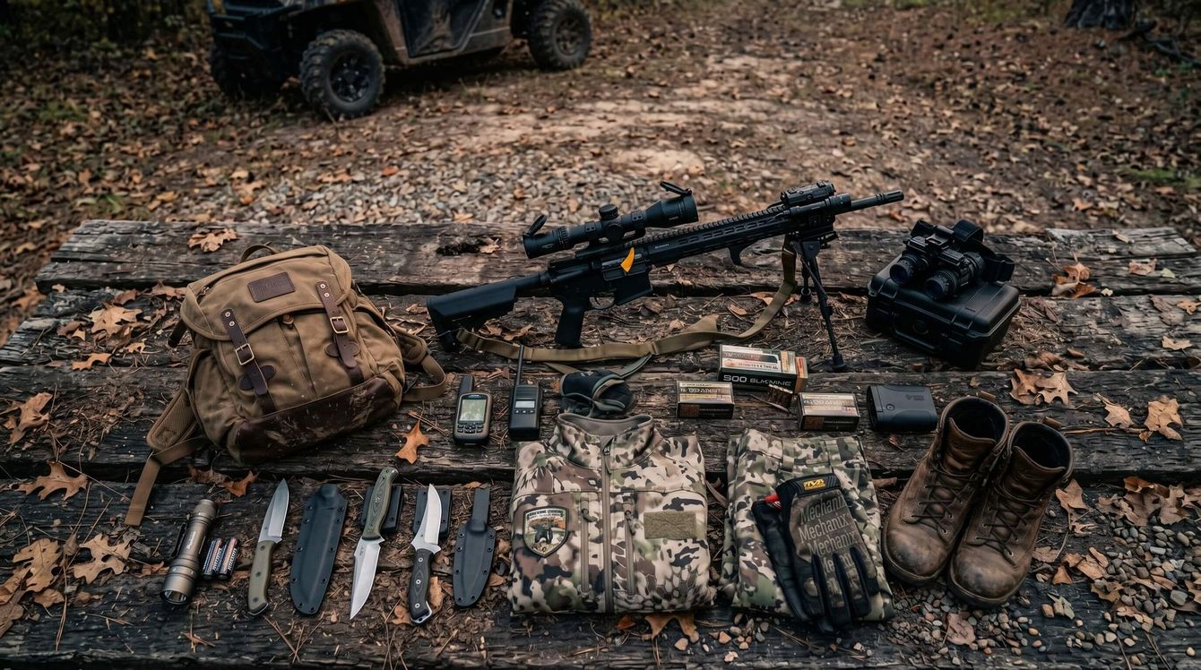 Menu of weapons and gear laid out on the ground
