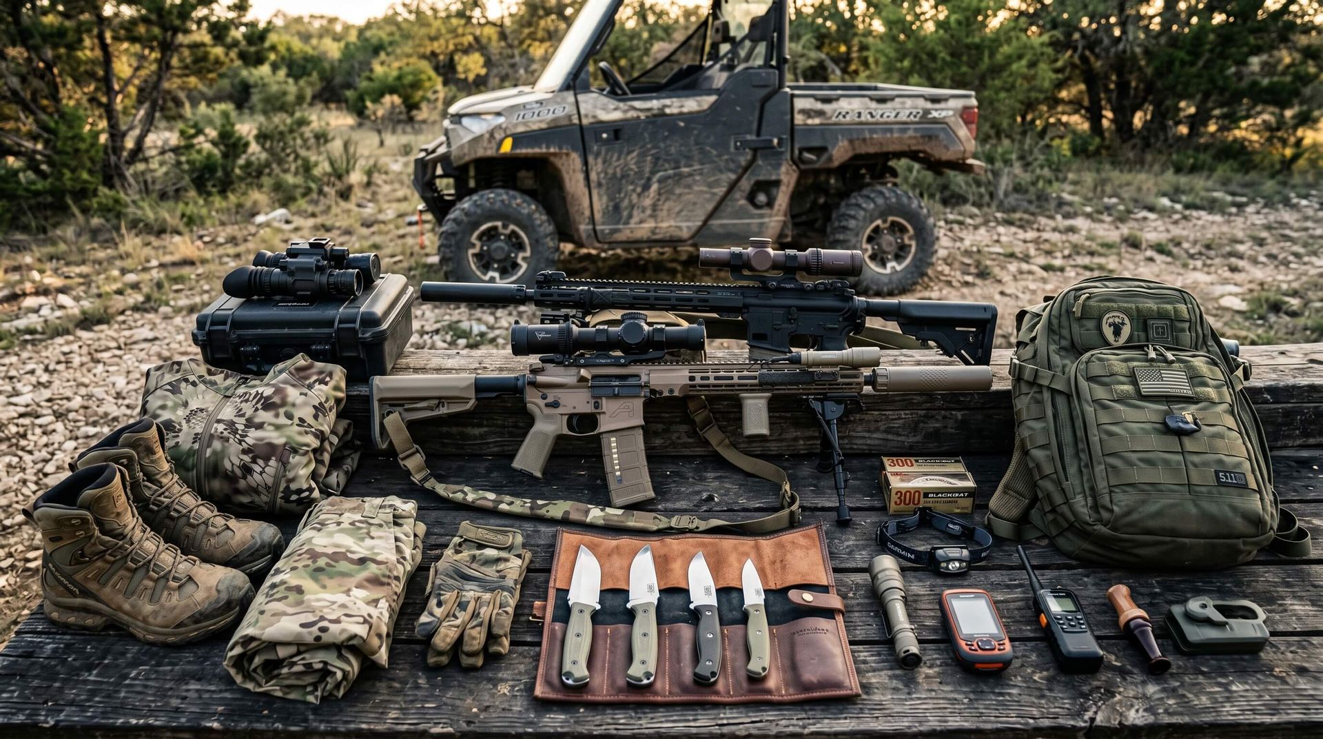 Weapons and gear laid out on a table with a dirty UTV behind them