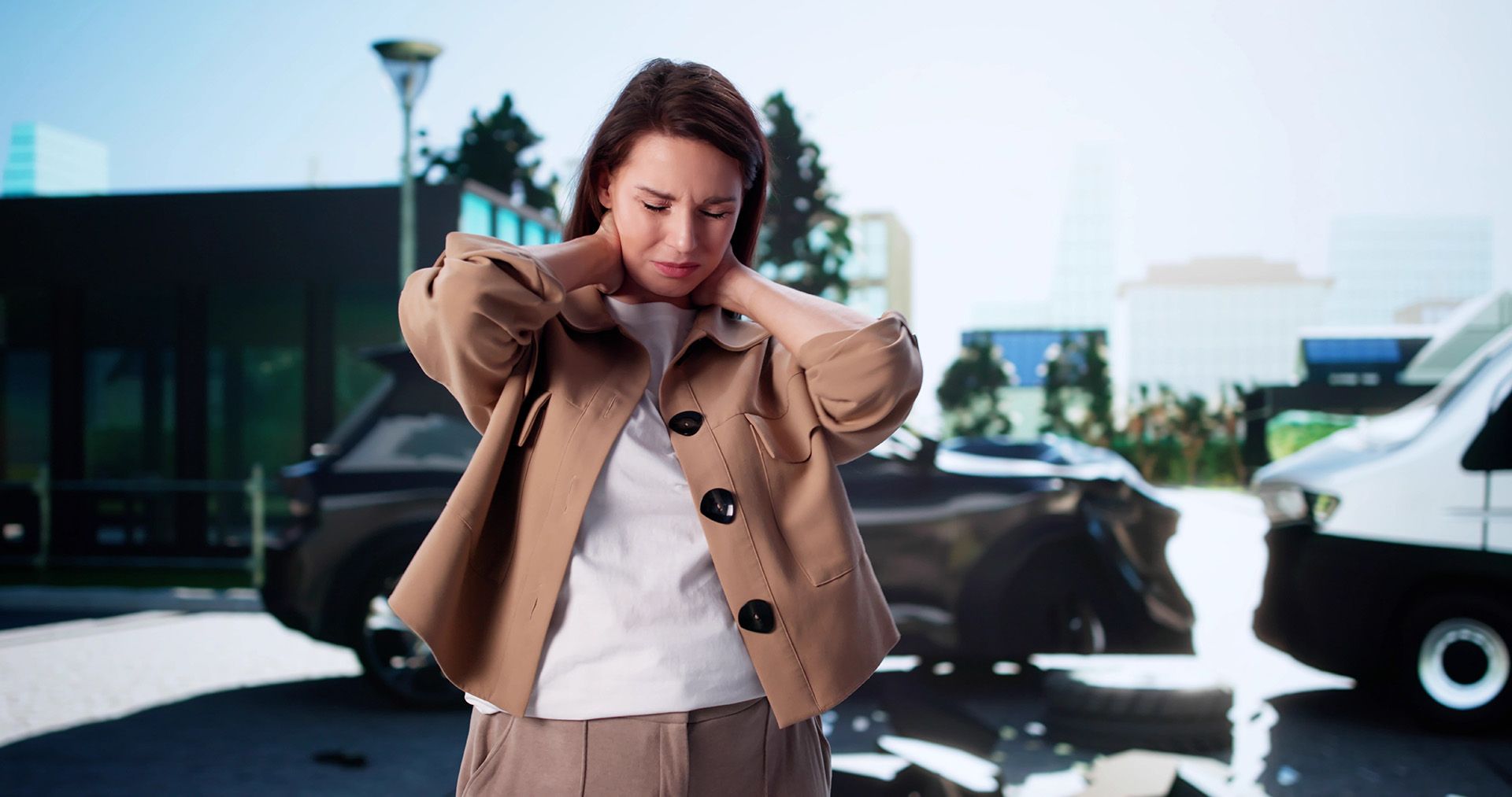 A woman just experienced a car accident. A woman just experienced a car accident.