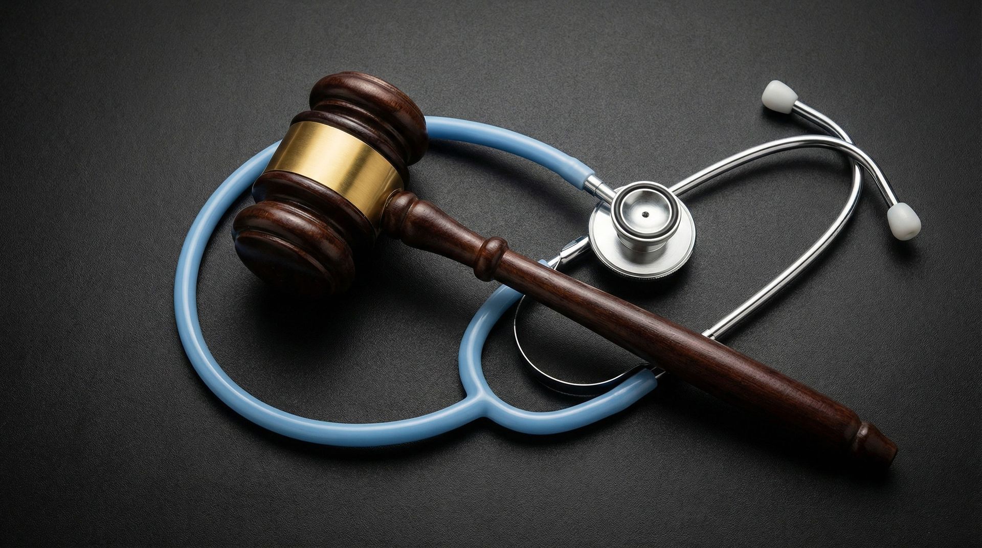 Close-up of a gavel and a stethoscope on a black matte surface.
