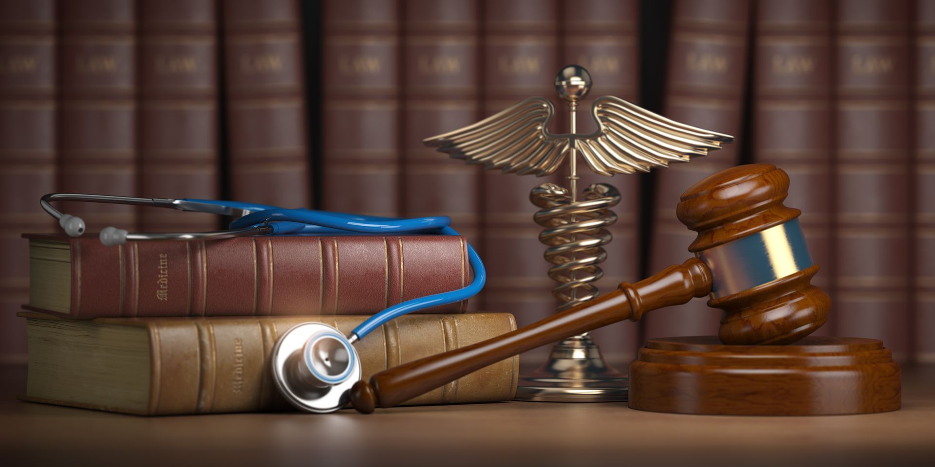Judge’s gavel, medical caduceus symbol, and law books representing healthcare law.