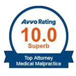 Avvo rating badge for a medical malpractice attorney, featuring a 10.0 rating and 