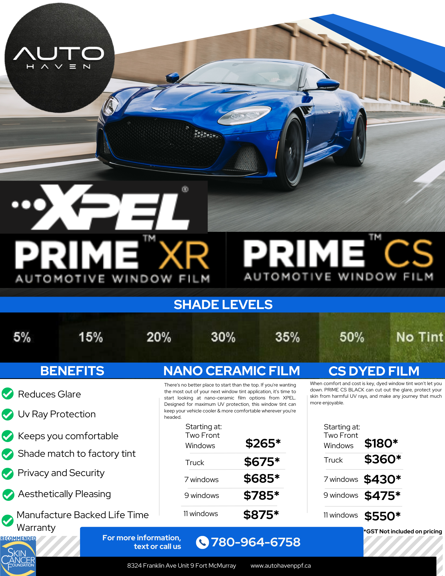 Car window tint advertisement. Features a blue car, tint shade levels, and pricing for nano-ceramic and CS dyed film.