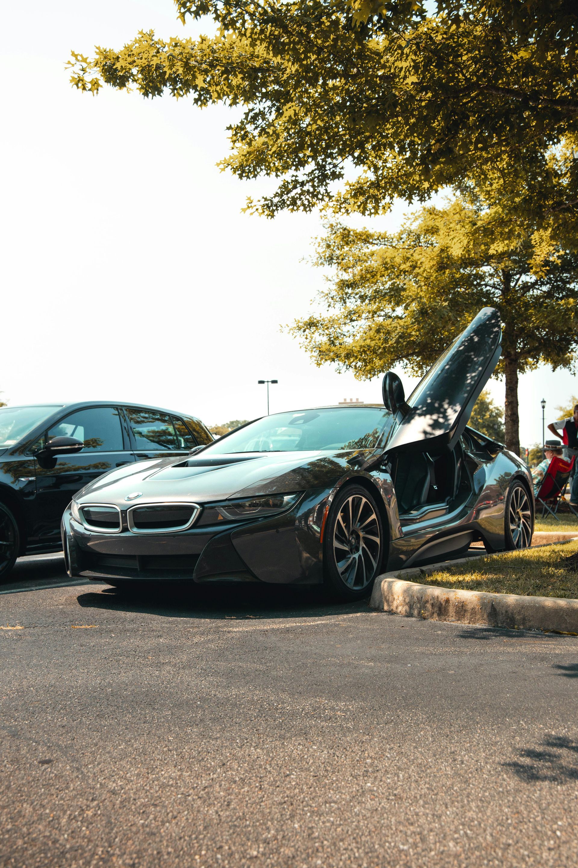 Black BMW i8 with doors open, parked on asphalt near a tree.