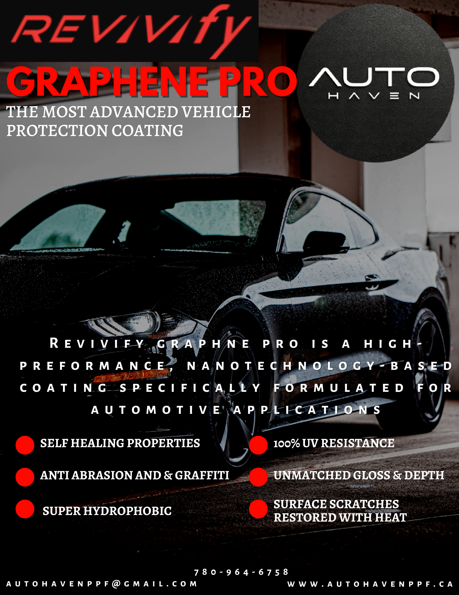 Advertisement for Revivify Graphene Pro car coating, featuring a black sports car under rain with product details.