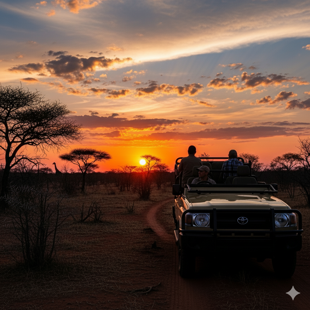 Safari vehicle with people driving into the sunset over African savanna.