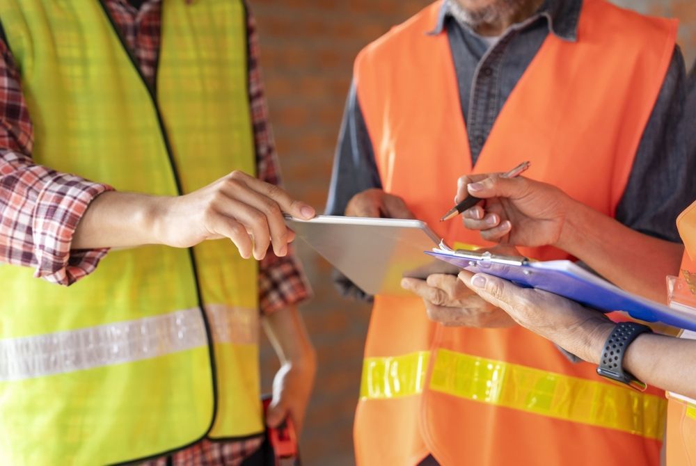 A group of construction workers are standing next to each other looking at a tablet.