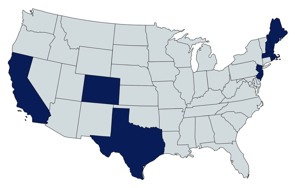 Map of the United States with dark blue states: California, Colorado, Texas, New Jersey, and Massachusetts.