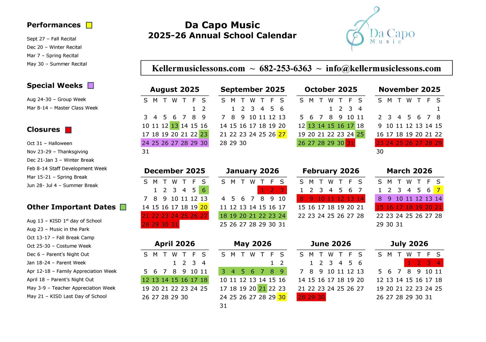 2025 - 2026 Da Capo Music School year Calendar