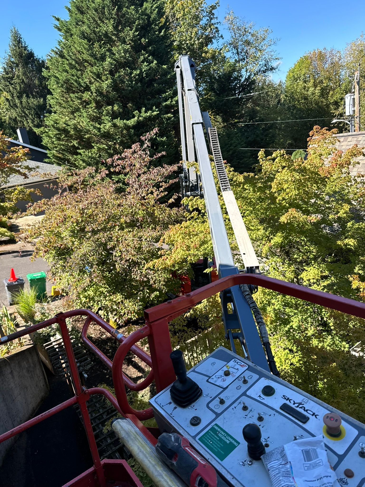 A person is sitting in a bucket on a crane looking at trees.