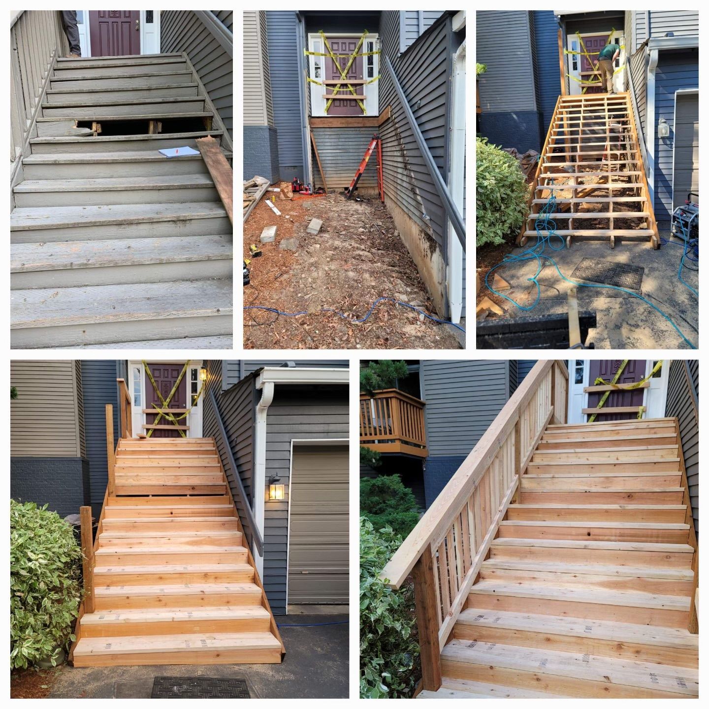 A wooden staircase is being built in front of a house.