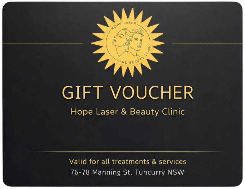 A black gift voucher for Hope Laser & Beauty Clinic in Tuncurry, featuring a gold sun logo and contact details.