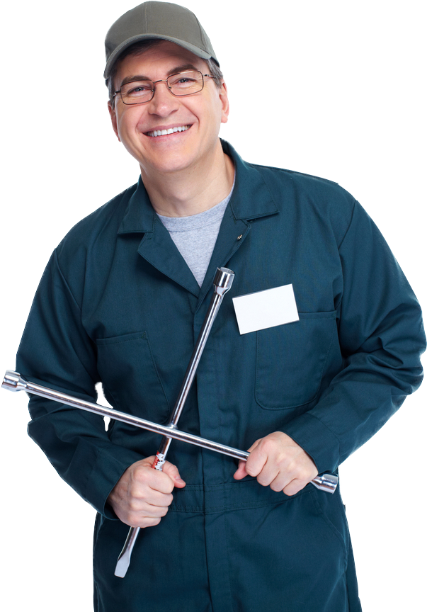 A Man in Overalls Is Holding a Wrench and Smiling