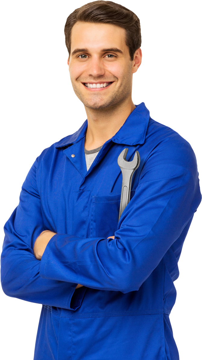 A Man in A Blue Jumpsuit Is Holding a Wrench in His Pocket.