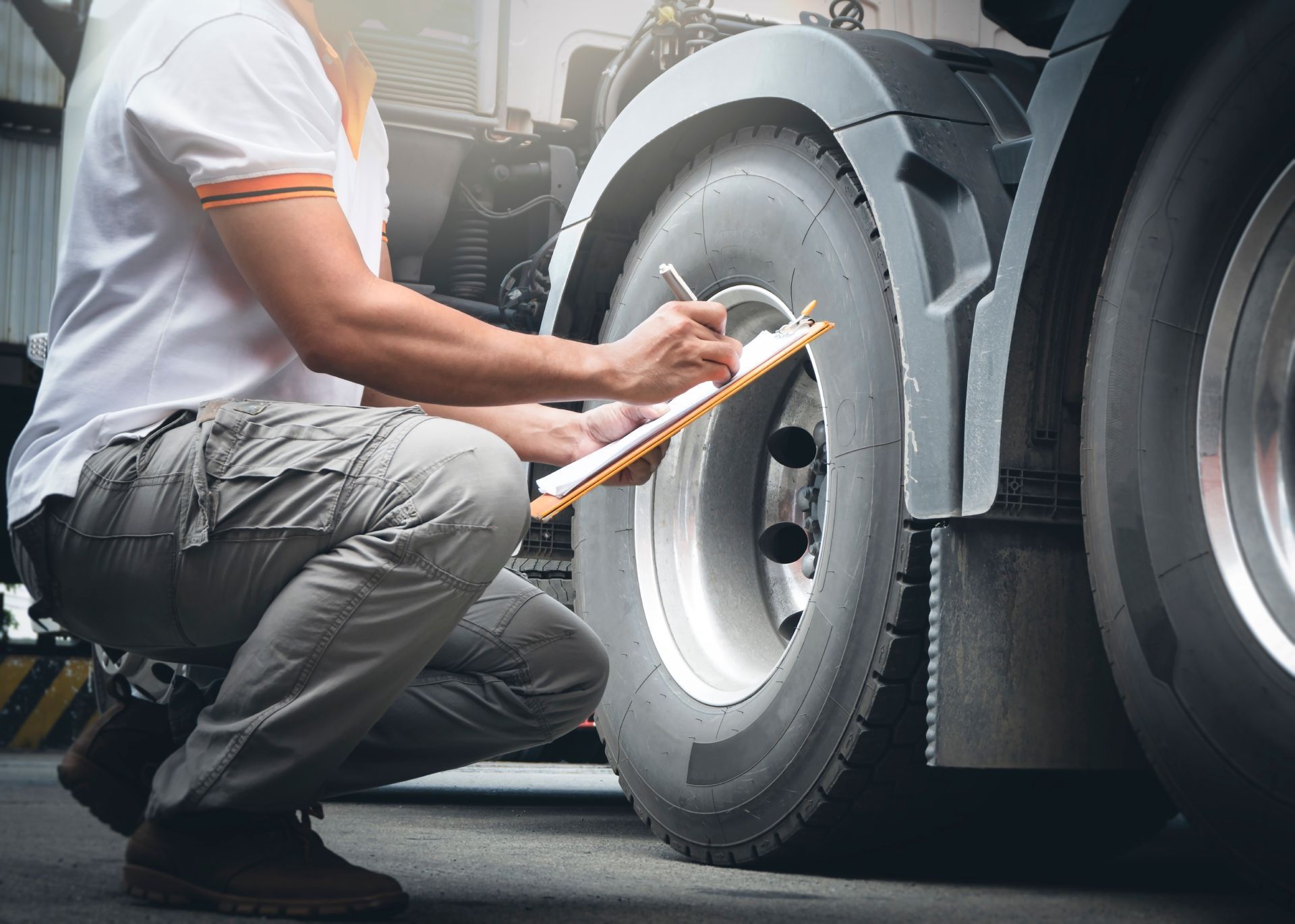 A Man Is Kneeling Down Next to A Truck and Writing on A Clipboard.