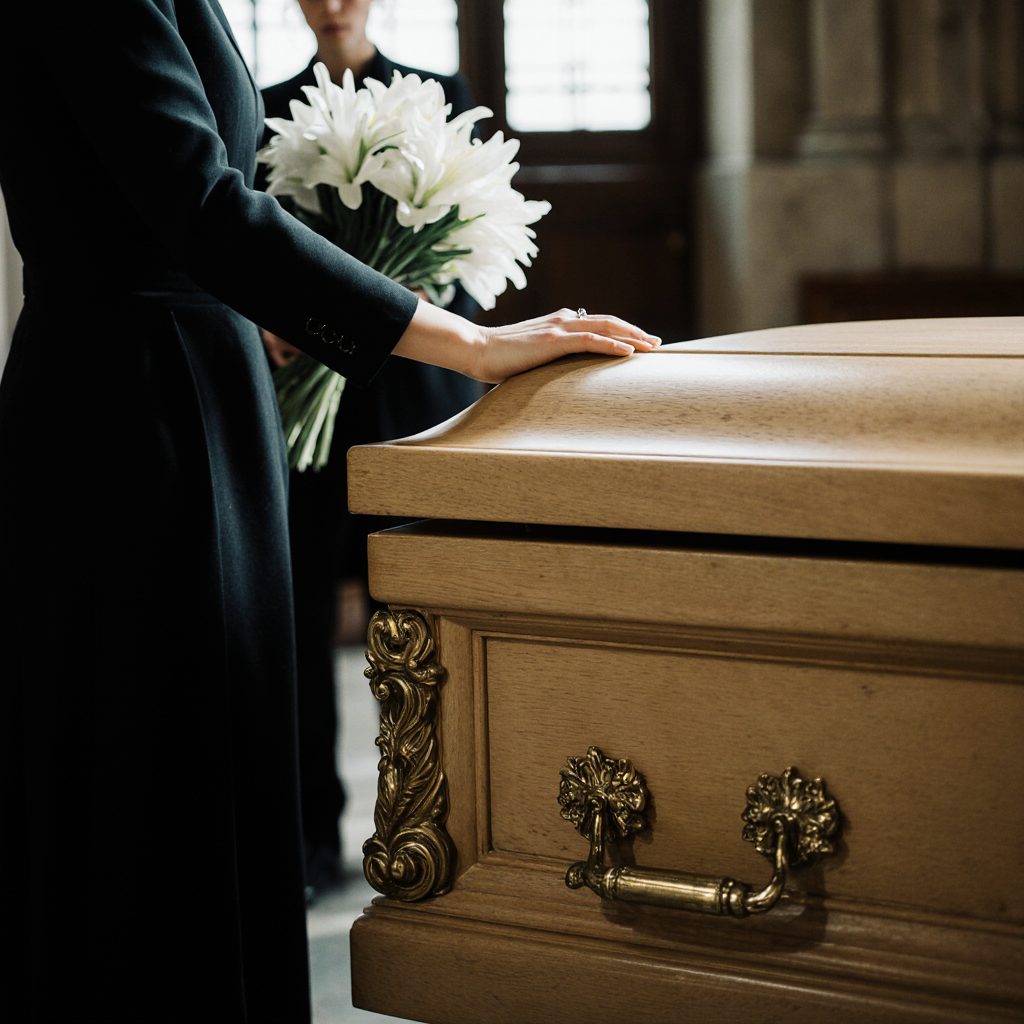 Mujer vestida de negro apoya la mano sobre un ataúd de color claro, con otra persona al fondo sosten