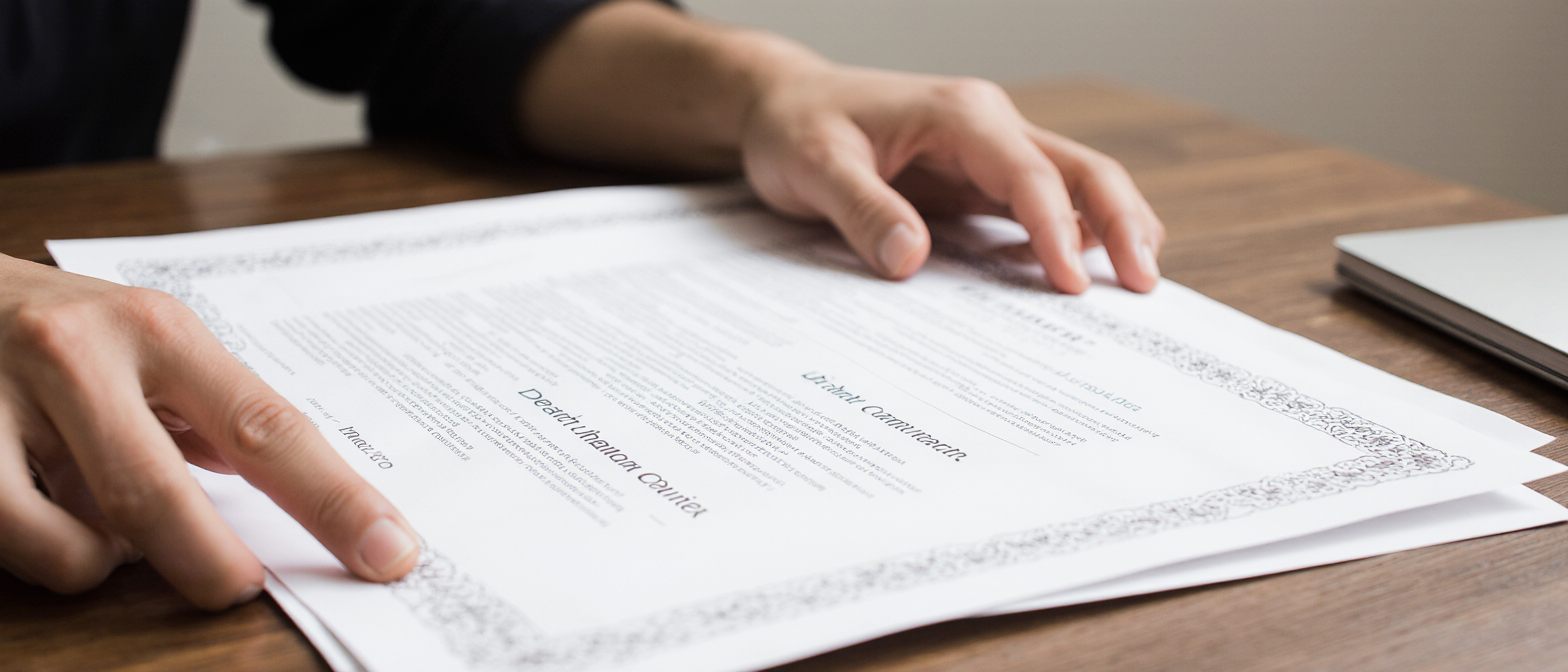 Manos revisan documentos sobre un escritorio de madera. Una computadora portátil está cerca.