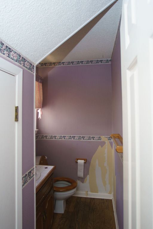 Small bathroom with purple walls, toilet, sink, and wood-look flooring.