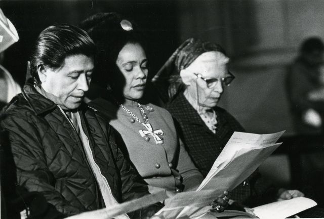 With Cesar Chavez and Coretta Scott King, Cathedral of St. John the Divine, NYC, 1973.