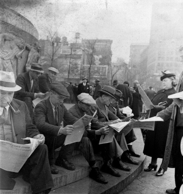 Catholic Worker readers, Union Square, New York City, c.1940.
