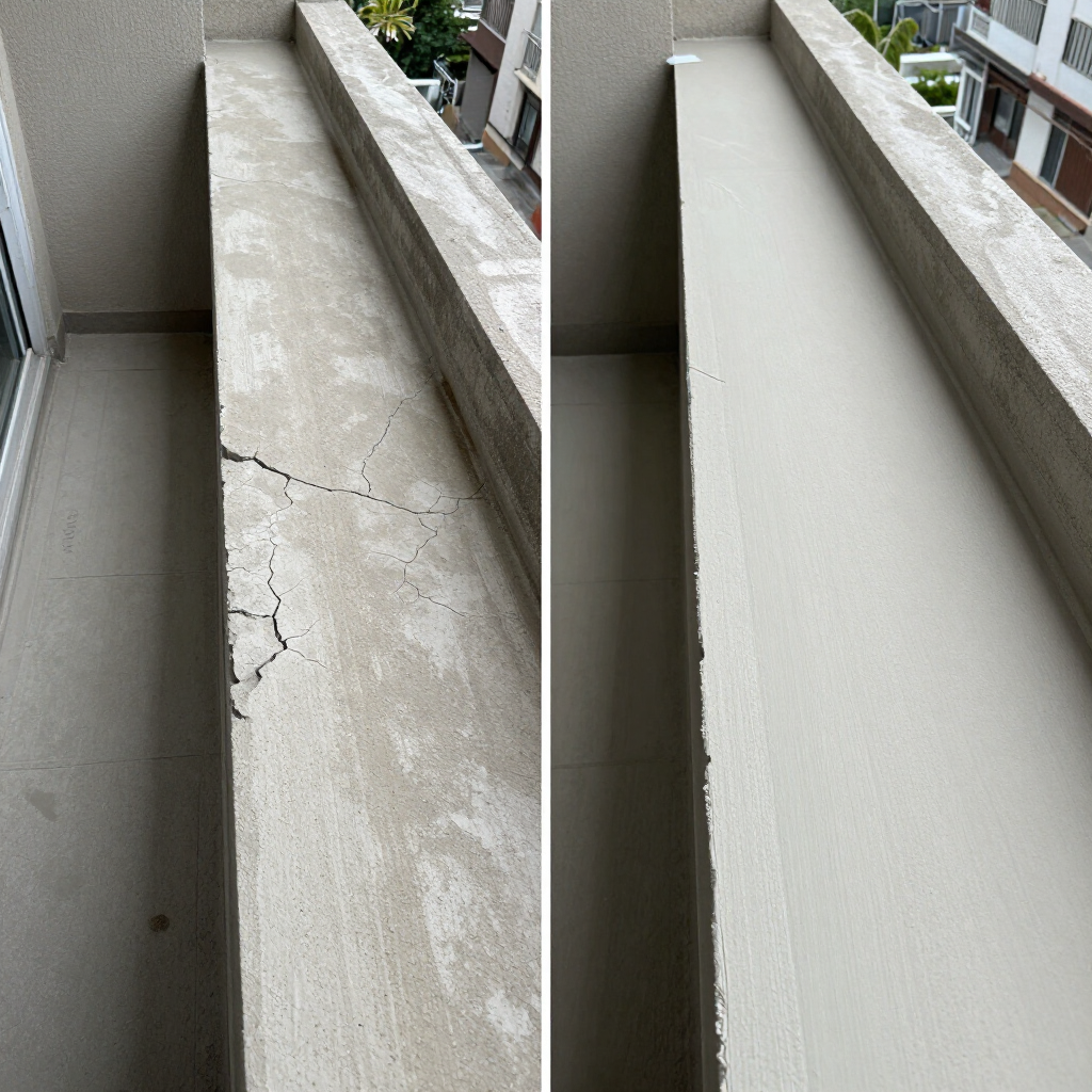 Before and after concrete repairs on balcony