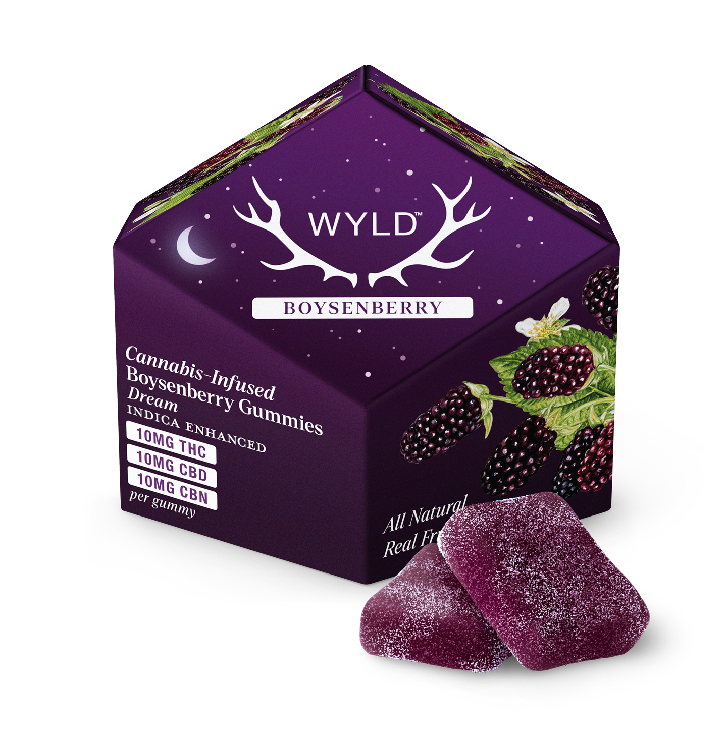 A purple Wyld Boysenberry cannabis gummy box with two sugar-coated gummies in front.