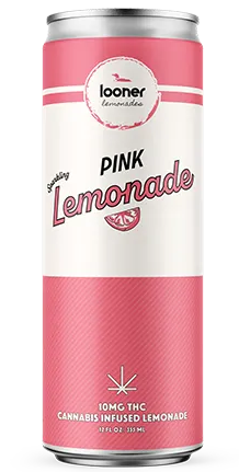 A Looner brand pink lemonade cannabis-infused drink in a slim metal can with 10mg THC printed on the lower pink section.