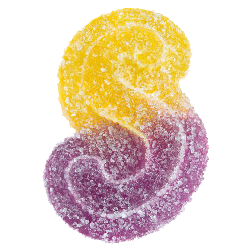 A sugar-coated gummy candy shaped like a swirl, with a yellow top section transitioning into a purple bottom section.