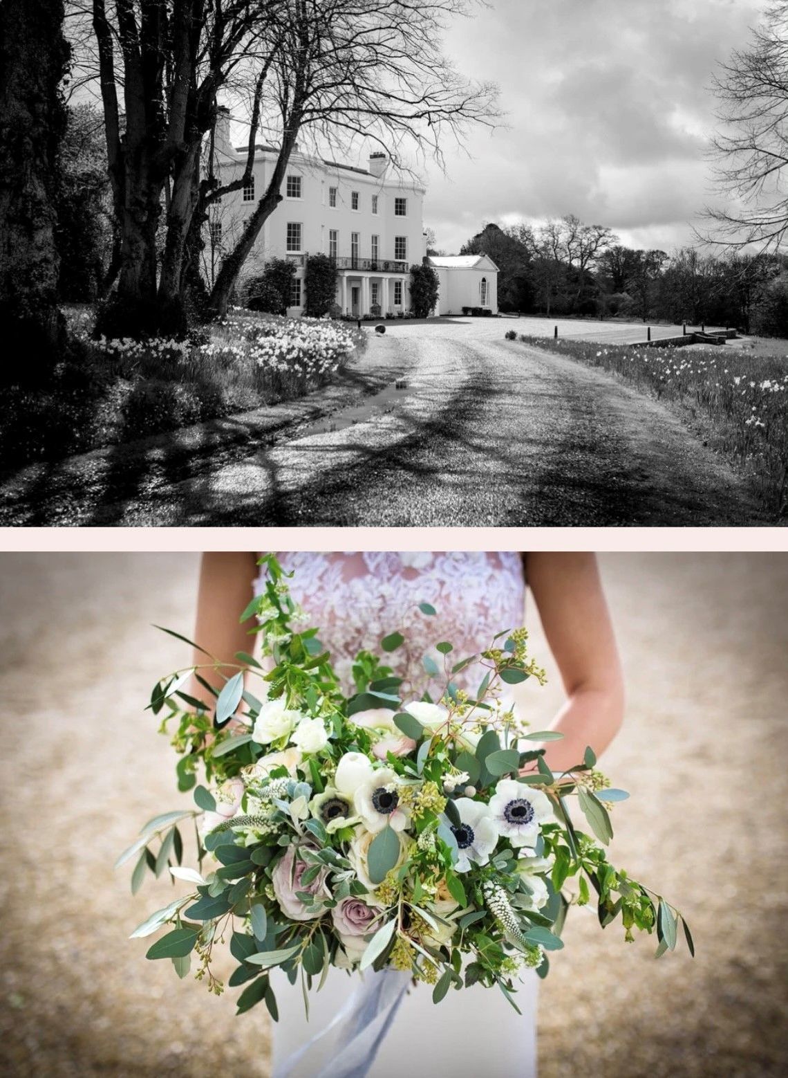 a black and white photo of a bride holding a bouquet of flowers .