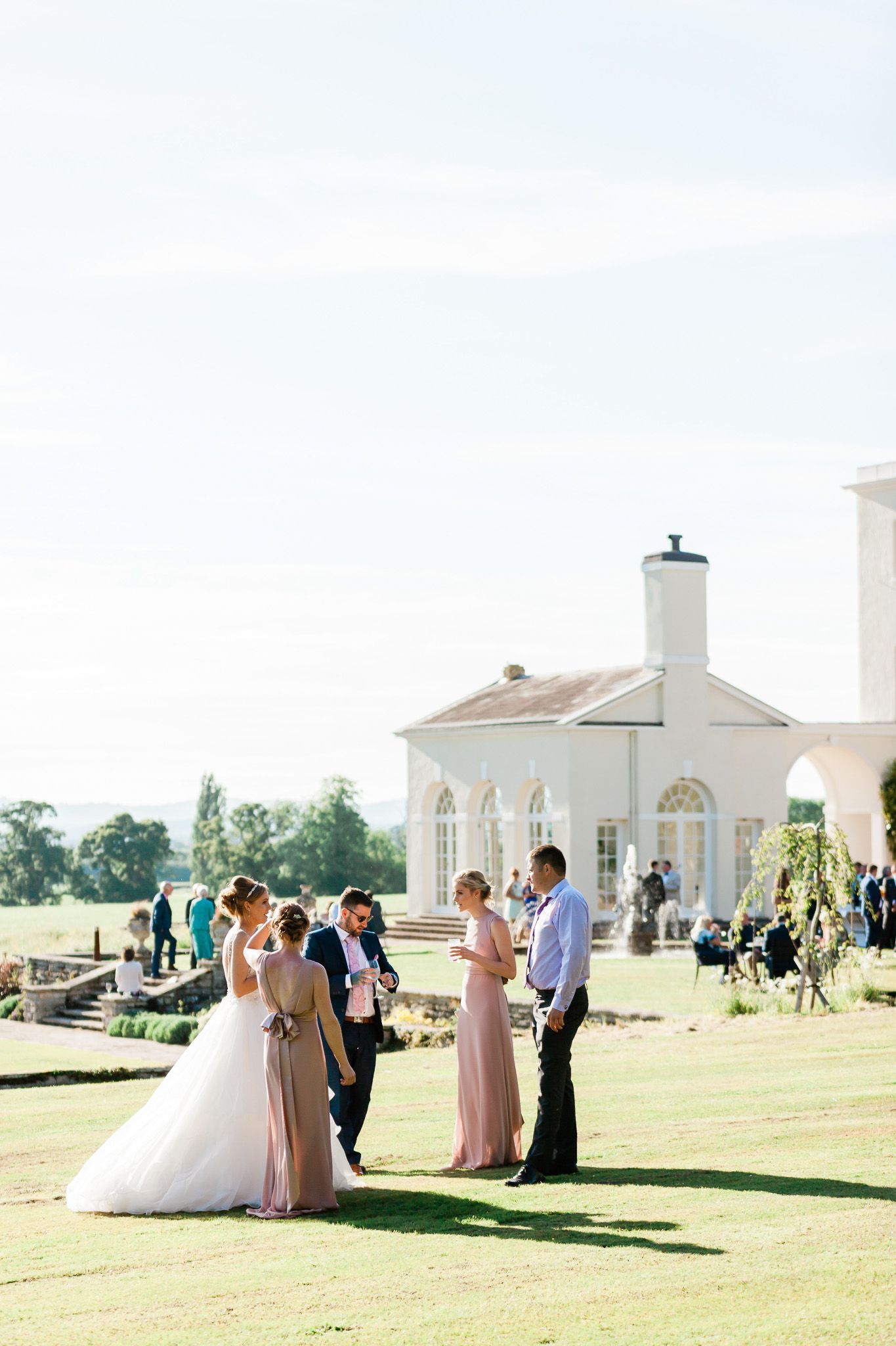 a bride and groom are standing in a field with their wedding party.