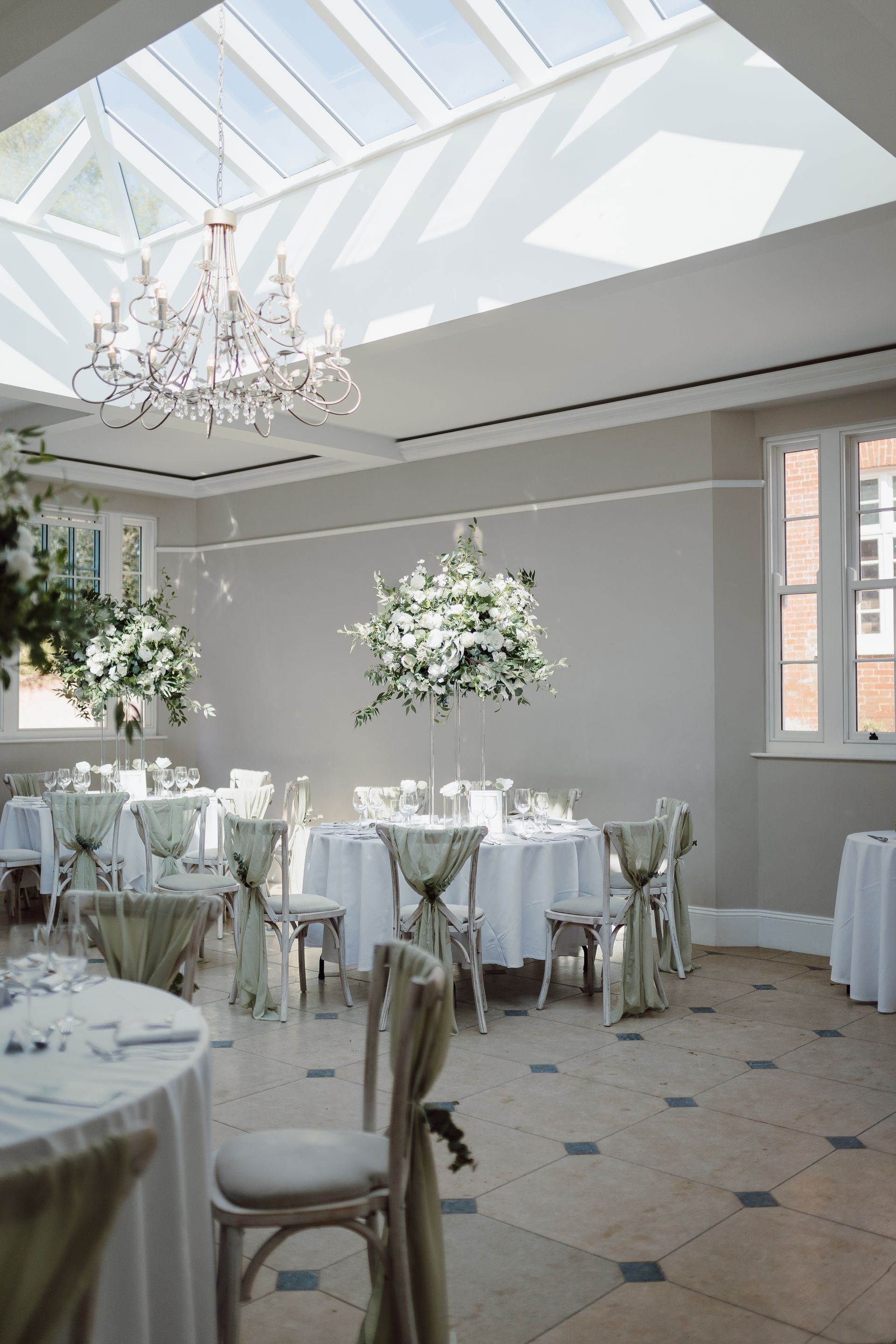 a large room with tables and chairs set up for a wedding reception .