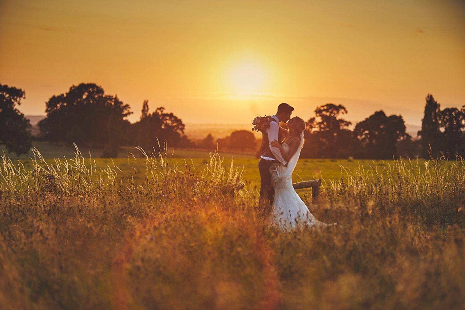 a bride and groom are kissing in a field at sunset .