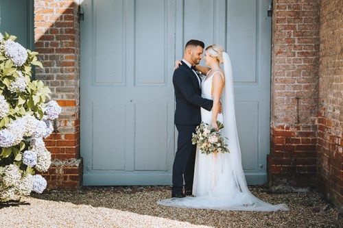 a bride and groom are posing for a picture in front of a brick building .