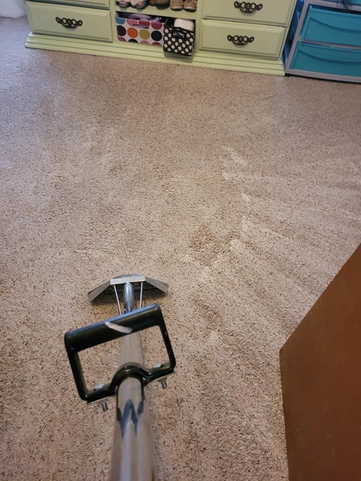 A vacuum cleaner is sitting on a carpeted floor in a room.