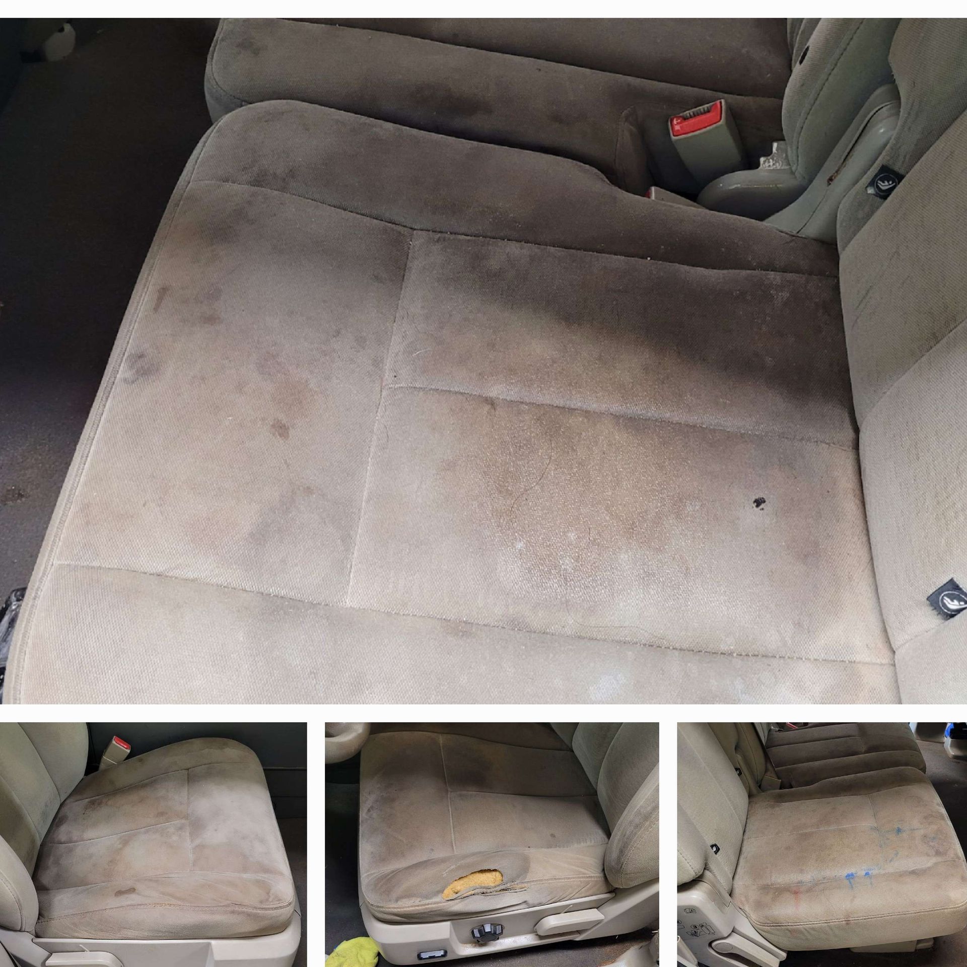 A collage of four pictures of a dirty car seat