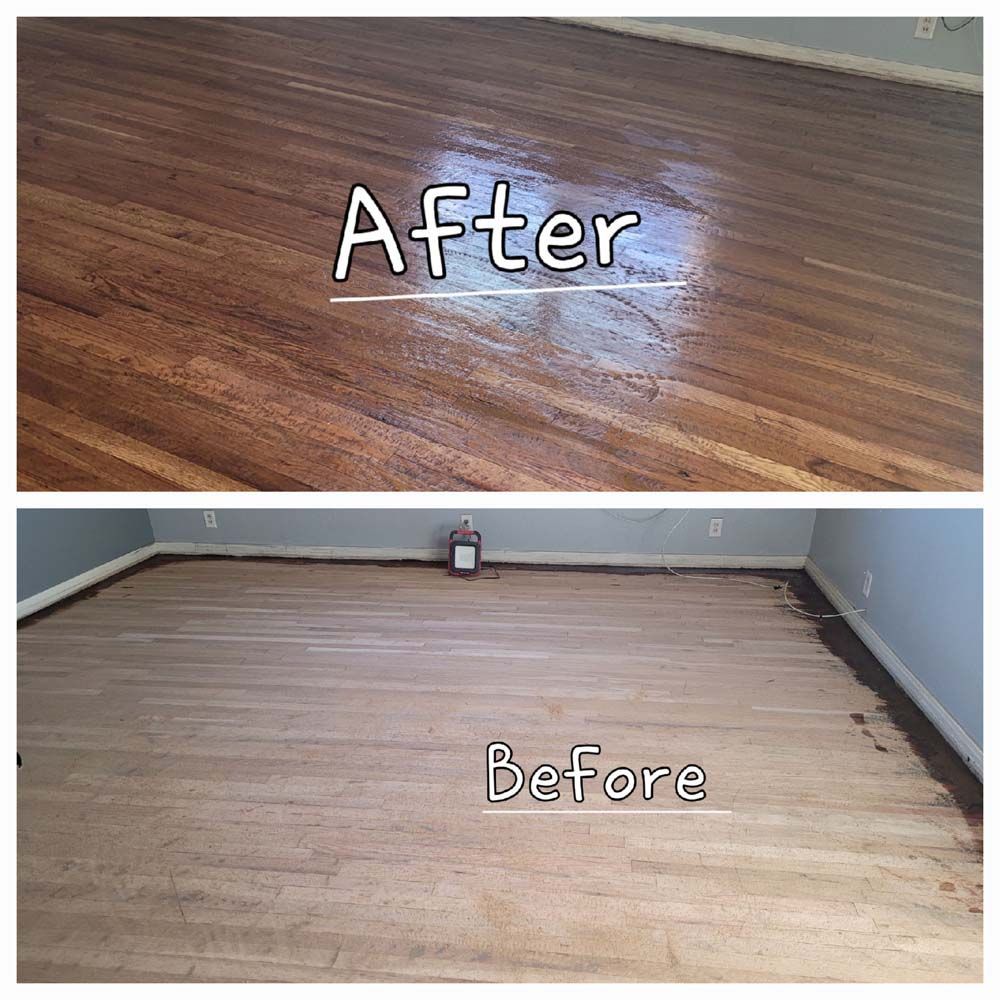 A before and after photo of a wooden floor.