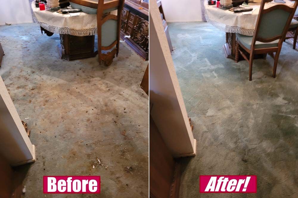 A before and after photo of a dining room floor.